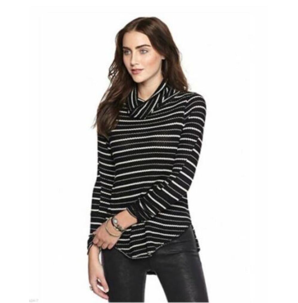 We The Free People Black White Striped Drippy Thermal Cowl Neck Top Size XS